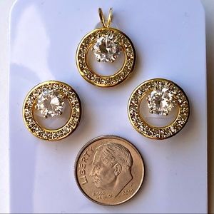 Halo Style Cubic Zirconia Gold Tone Pendant and Matching Earrings Set